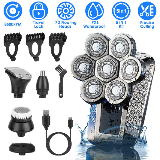 1Pc Head Shavers For Bald Men 5 In 1 7D Electric Rotary Razor Rechargeable Cordless Head Beard Trimmer Shaver Kit IPX6 Waterproof Dry Wet Grooming Kit With 3 Combs