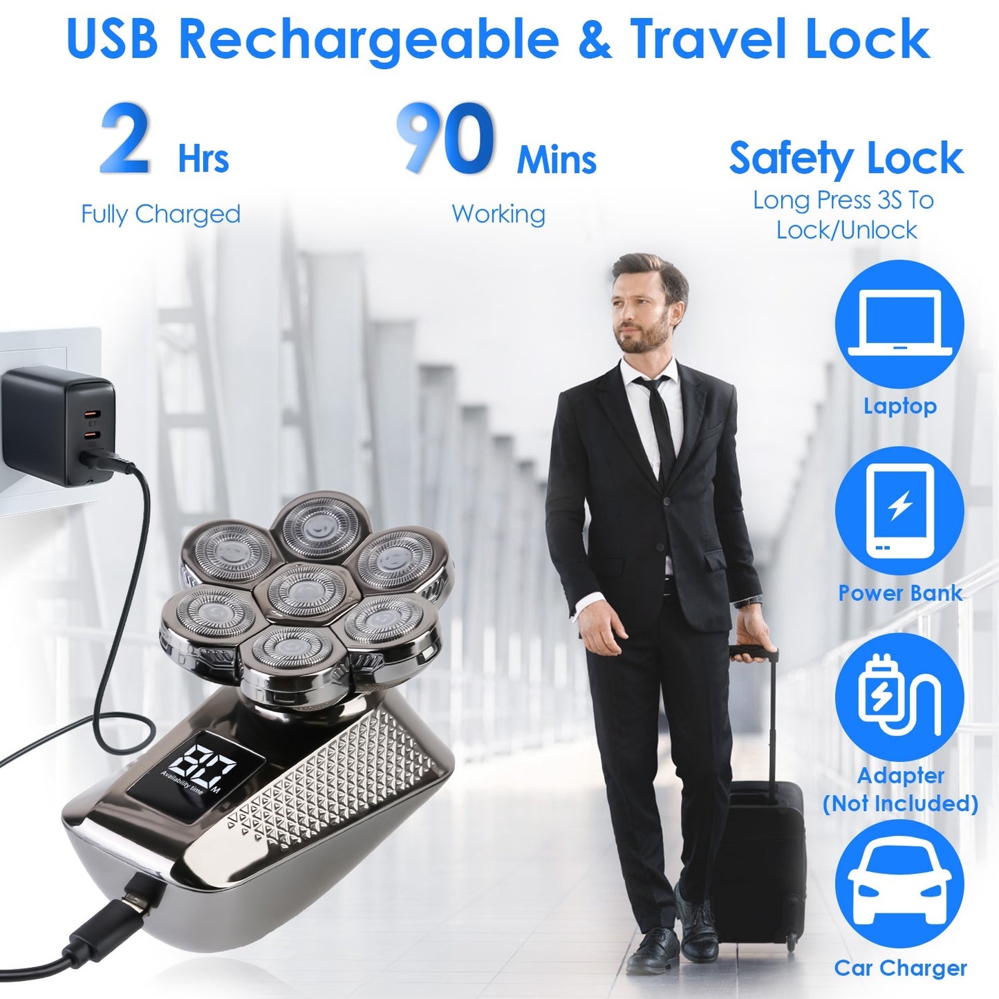 1Pc Head Shavers For Bald Men 5 In 1 7D Electric Rotary Razor Rechargeable Cordless Head Beard Trimmer Shaver Kit IPX6 Waterproof Dry Wet Grooming Kit With 3 Combs