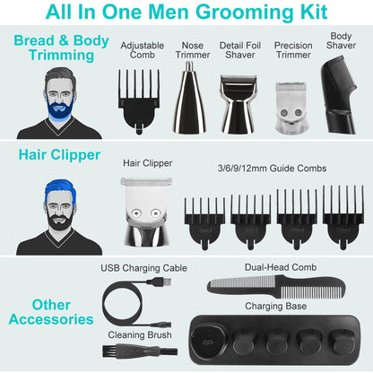All In One Beard Trimmer For Men With 5 Trimmer Heads IPX5 Waterproof Electric Razor For Face Nose Body Beard Cordless Hair Shaver Clipper Grooming Kit For Men Husband Father