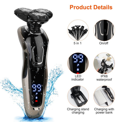 1Pack 5 In 1 Electric Razor Shaver Rechargeable Cordless Head Beard Trimmer Shaver Kit IPX6 Waterproof Dry Wet Grooming Kit