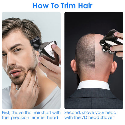 1Pc Head Shavers For Bald Men 5 In 1 7D Electric Rotary Razor Rechargeable Cordless Head Beard Trimmer Shaver Kit IPX6 Waterproof Dry Wet Grooming Kit With 3 Combs