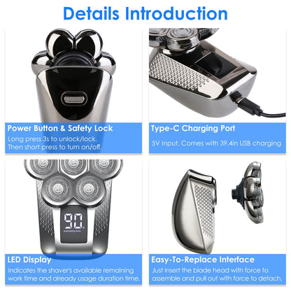 1Pc Head Shavers For Bald Men 5 In 1 7D Electric Rotary Razor Rechargeable Cordless Head Beard Trimmer Shaver Kit IPX6 Waterproof Dry Wet Grooming Kit With 3 Combs