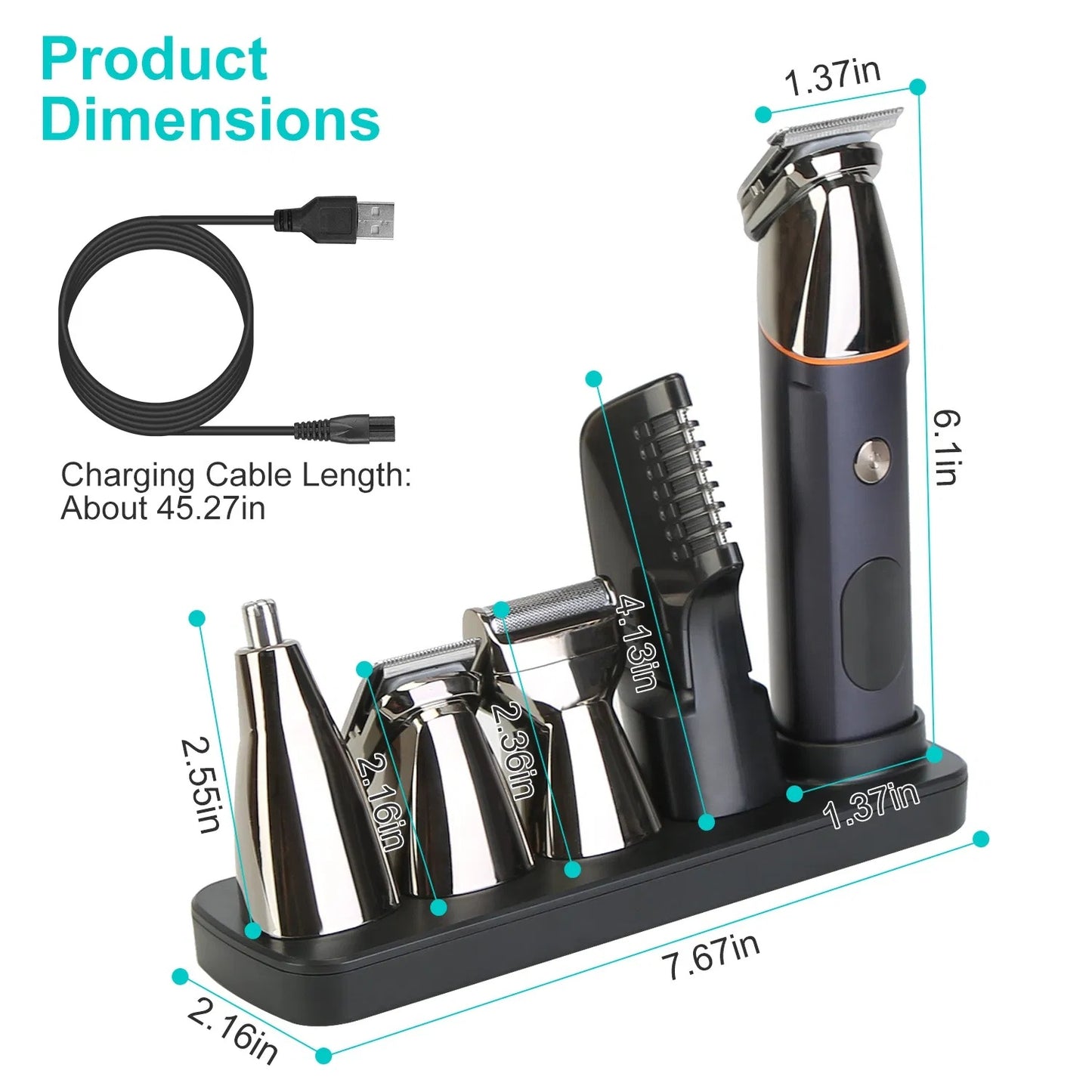 All In One Beard Trimmer For Men With 5 Trimmer Heads IPX5 Waterproof Electric Razor For Face Nose Body Beard Cordless Hair Shaver Clipper Grooming Kit For Men Husband Father